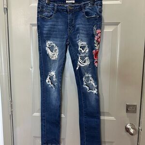 Embroidered Blue Distressed Women Jeans Rose Floral Skinny Y2K Machine 32 13